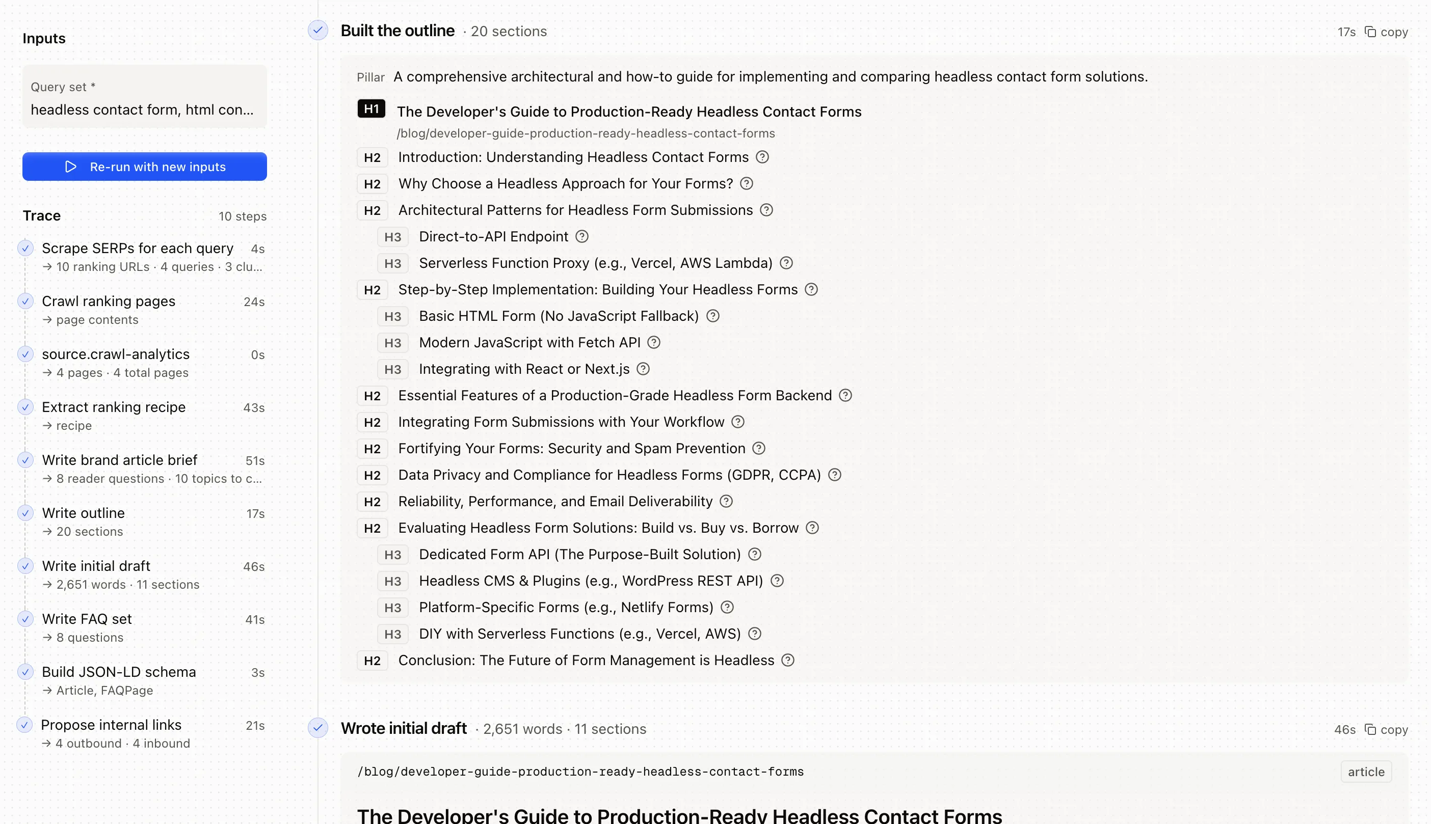 Generated article outline and draft, structured like the top-ranking pages
