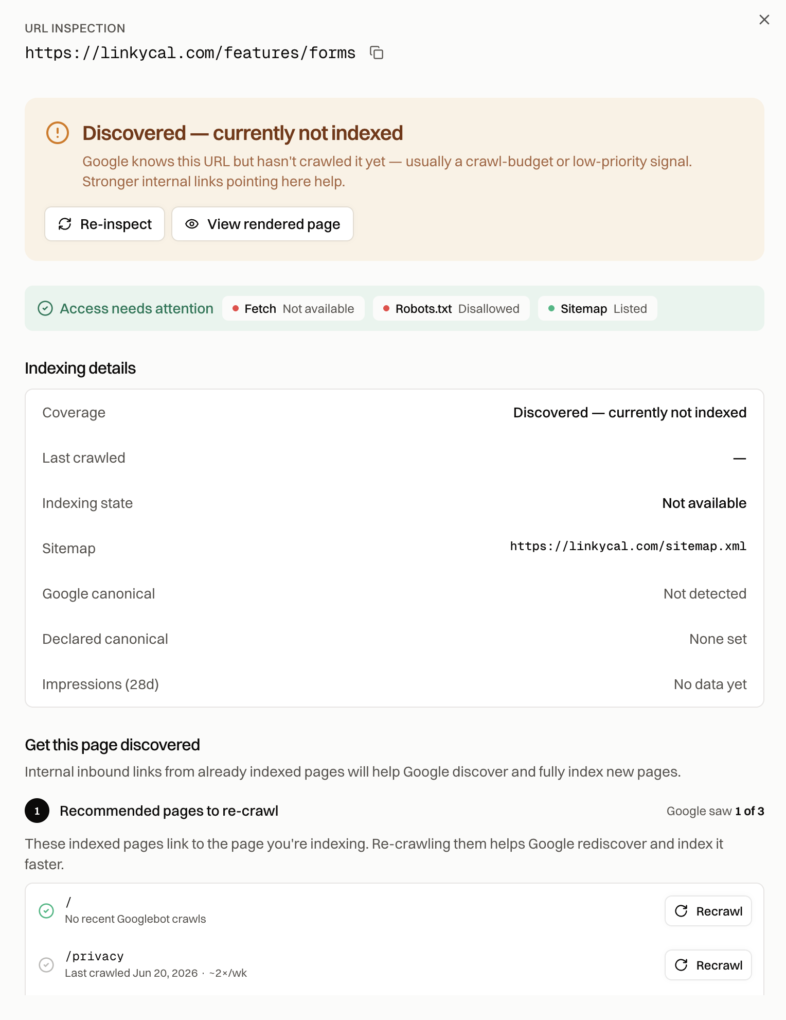 URL inspection with coverage state, indexing details and recommended pages to re-crawl